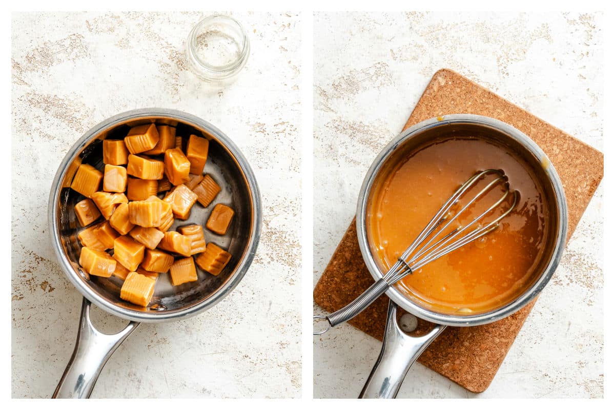Caramels in a saucepan next to melted caramel in a saucepan.