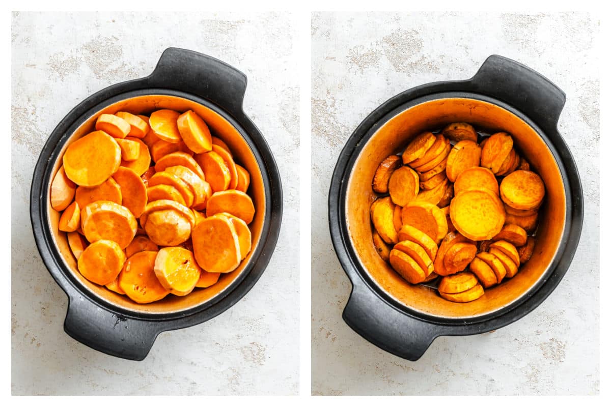 Sliced sweet potatoes in brown sugar butter mixture next to cooked sweet potatoes.
