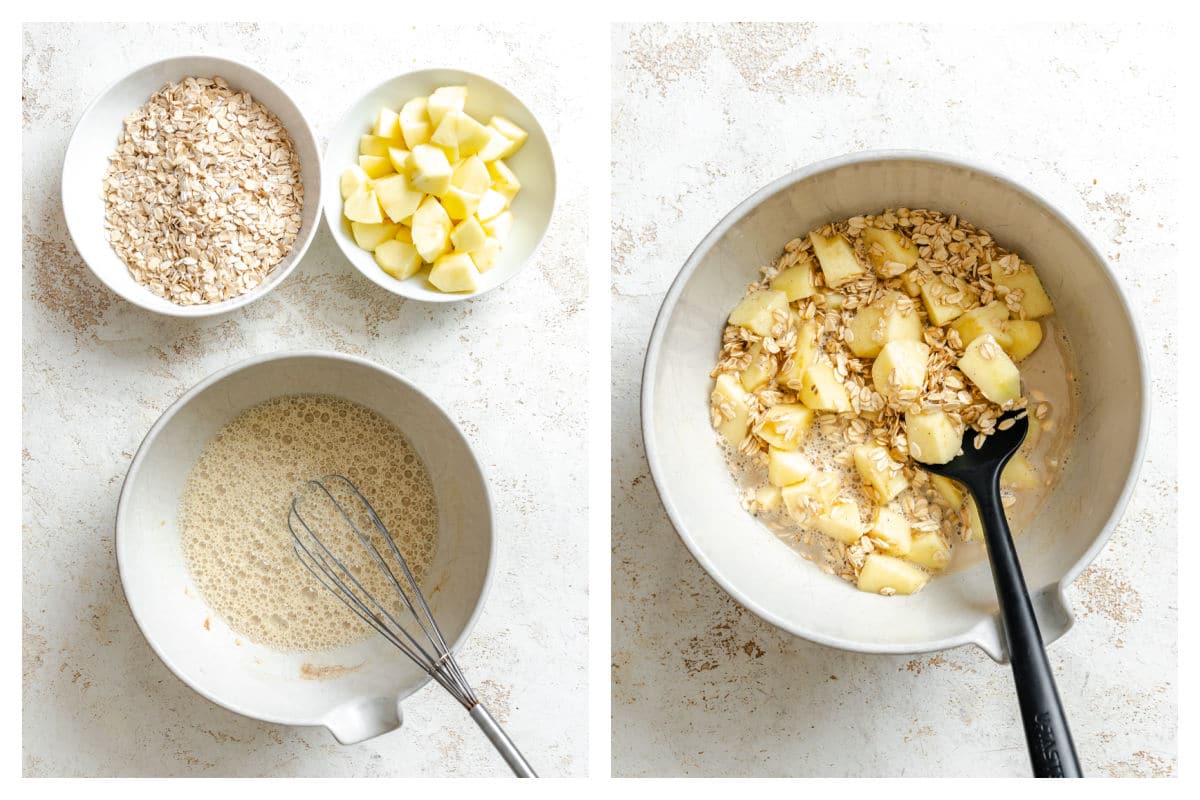 Milk mixed into sugar mixture next to a bowl with chopped apple and oats mixed in.