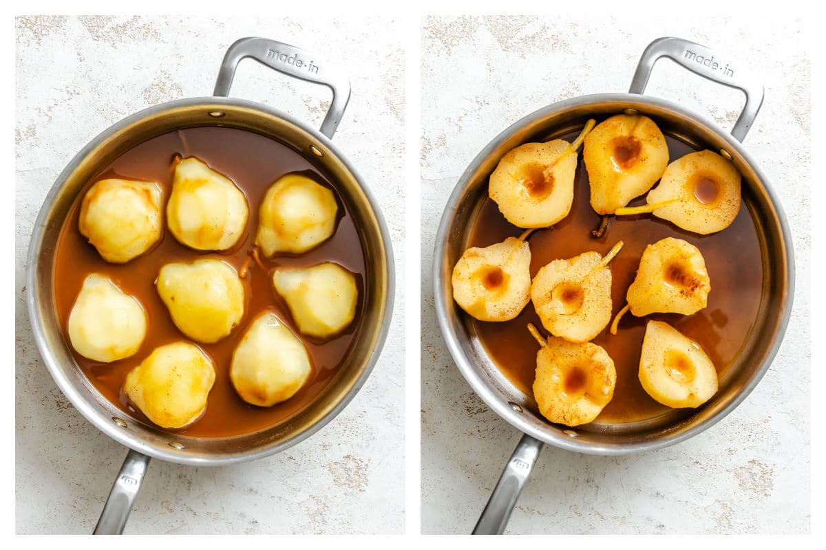 Pears poaching in cider and spices in a skillet. 