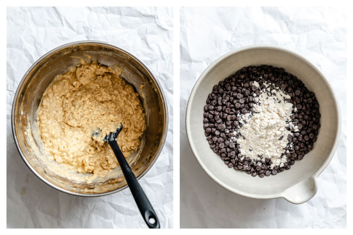 Oatmeal muffin batter in a bowl next to a bowl of chocolate chips with flour on top. 