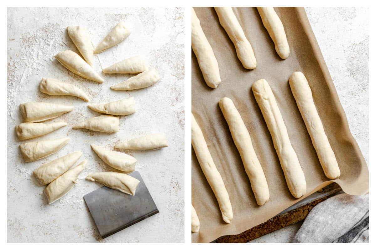 Dough cut into 16 pieces and dough rolled into breadsticks. 