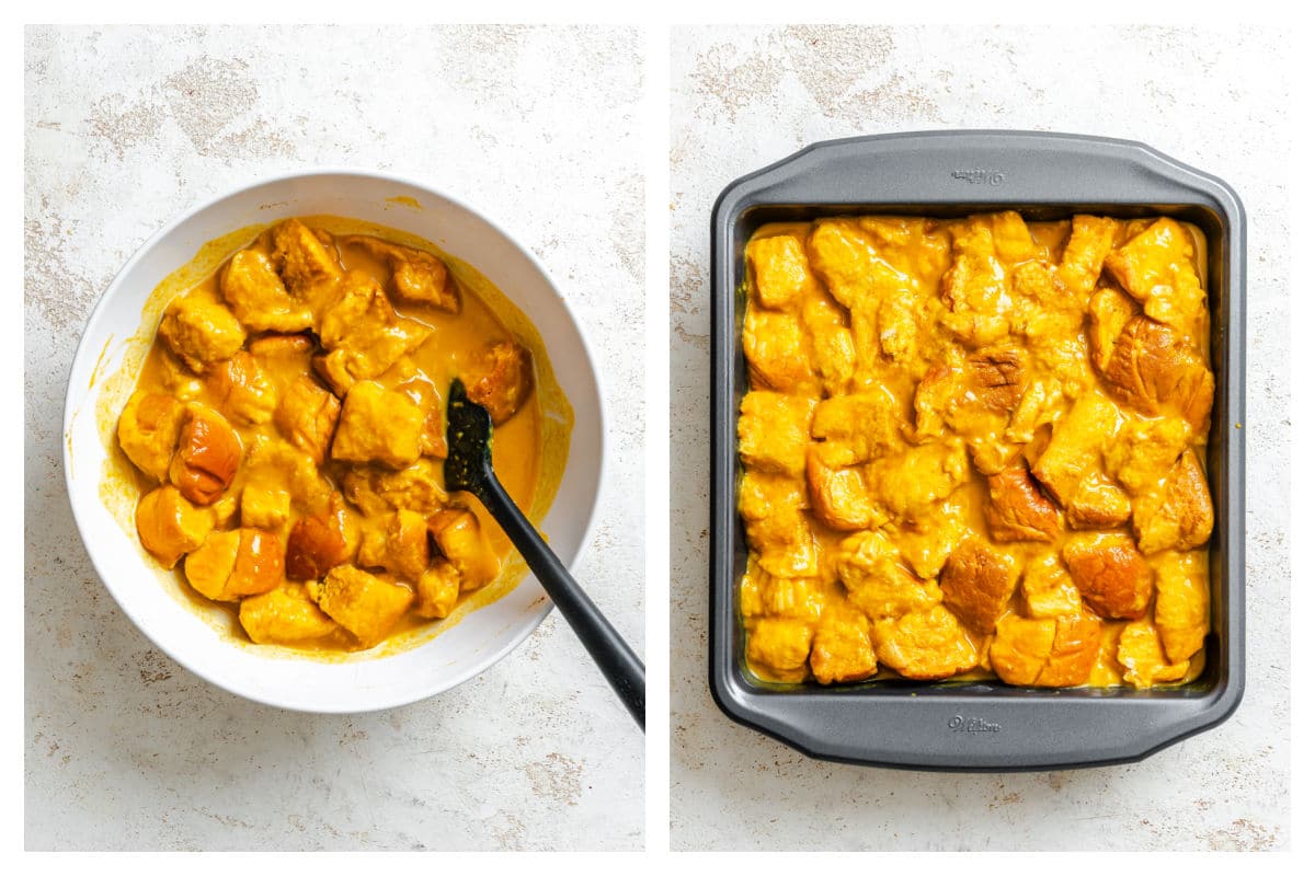 Bread cubes folded in pumpkin mixture next to pumpkin bread cubes in a baking pan.
