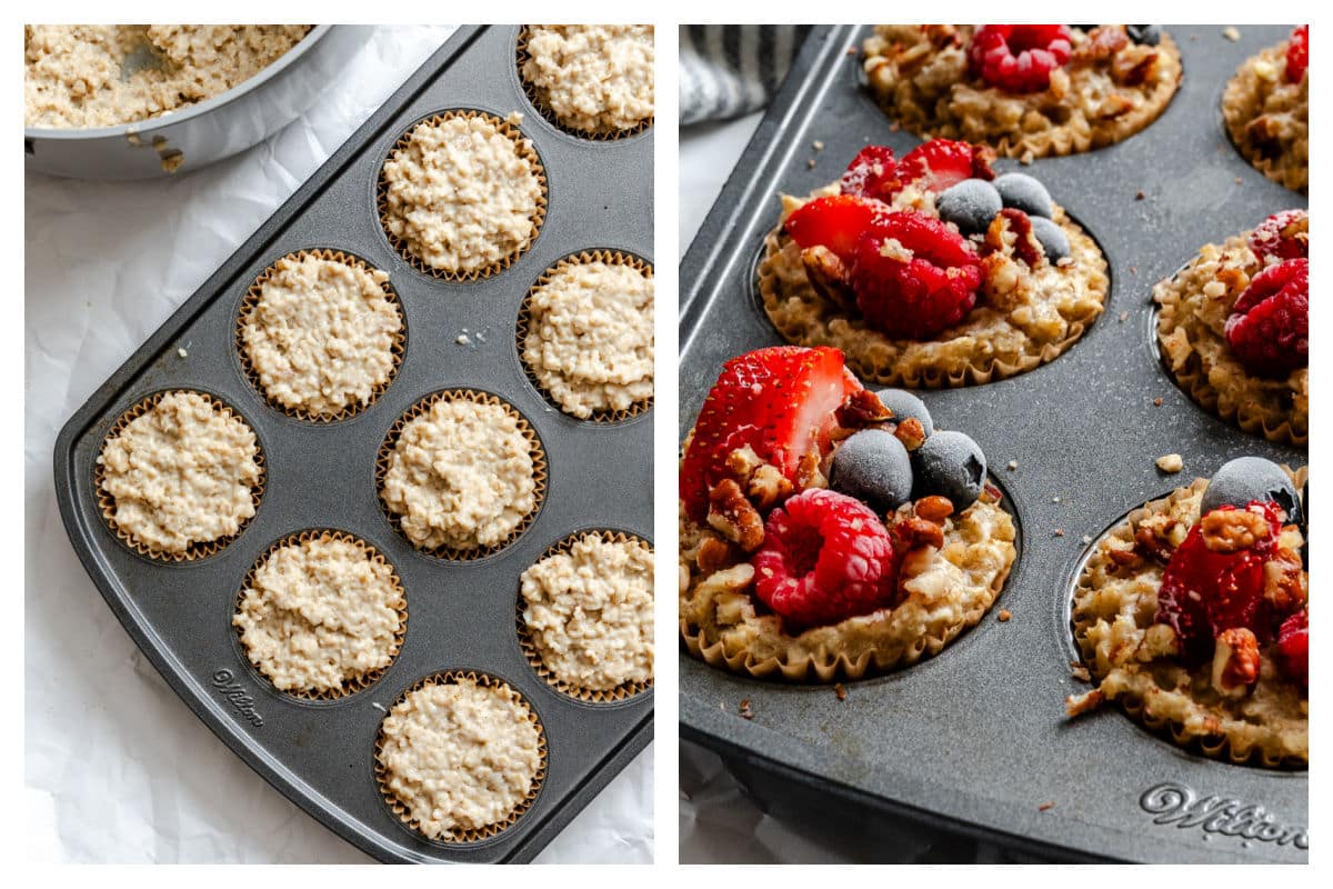 Oatmeal in muffin tin cups next to frozen oatmeal topped with berries. 