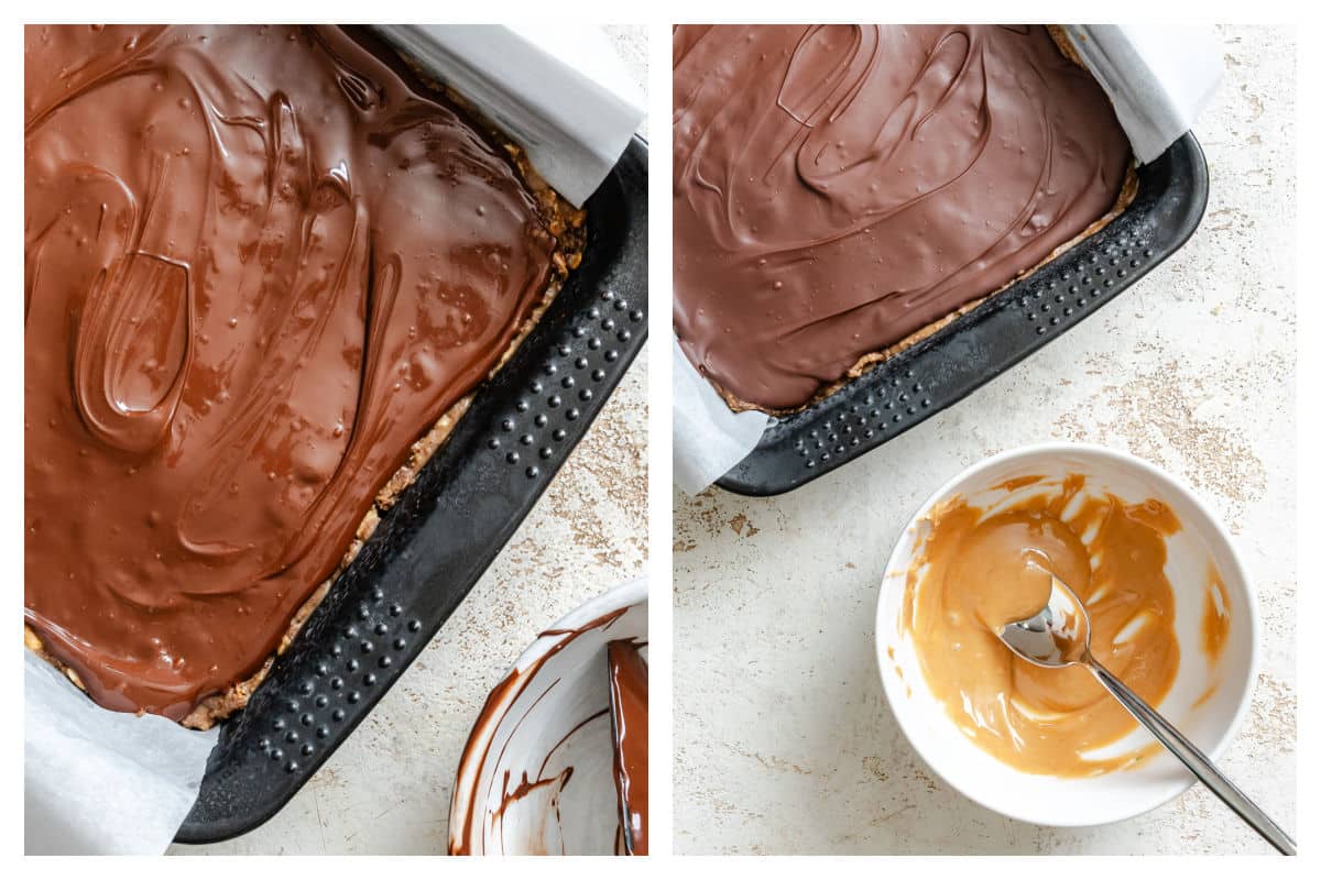 Melted chocolate over cookie bars next to a dish of melted peanut butter.