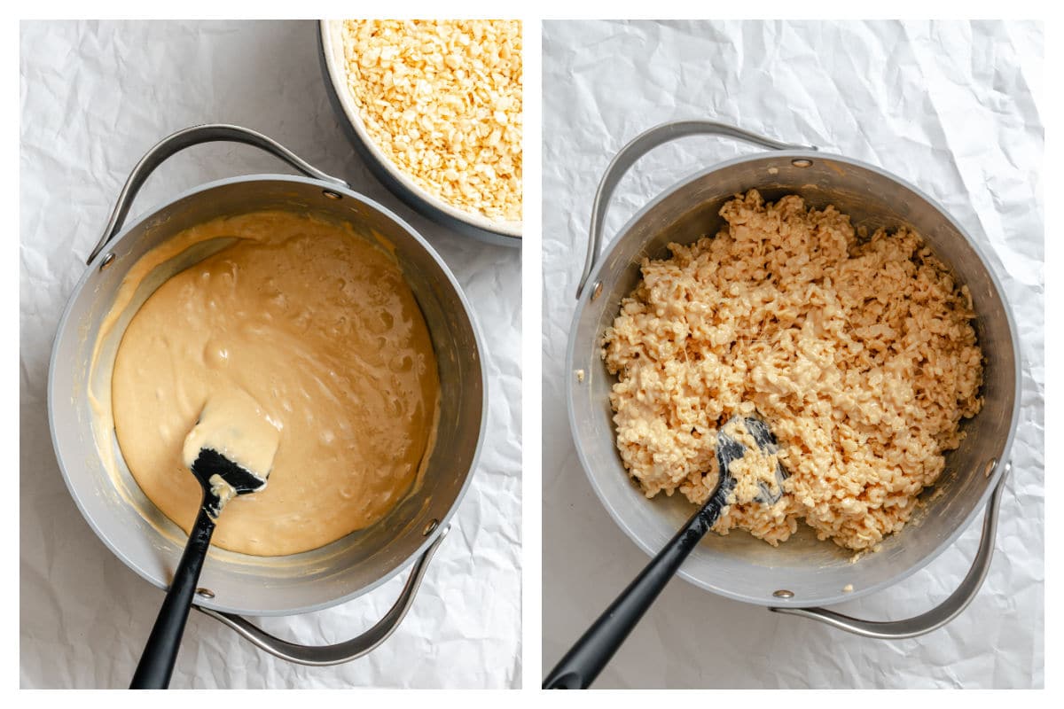 The peanut butter treats CRISPES rice The dissolved peanut butter mixture in a bowl next to the Crasebs rice in the mixture.