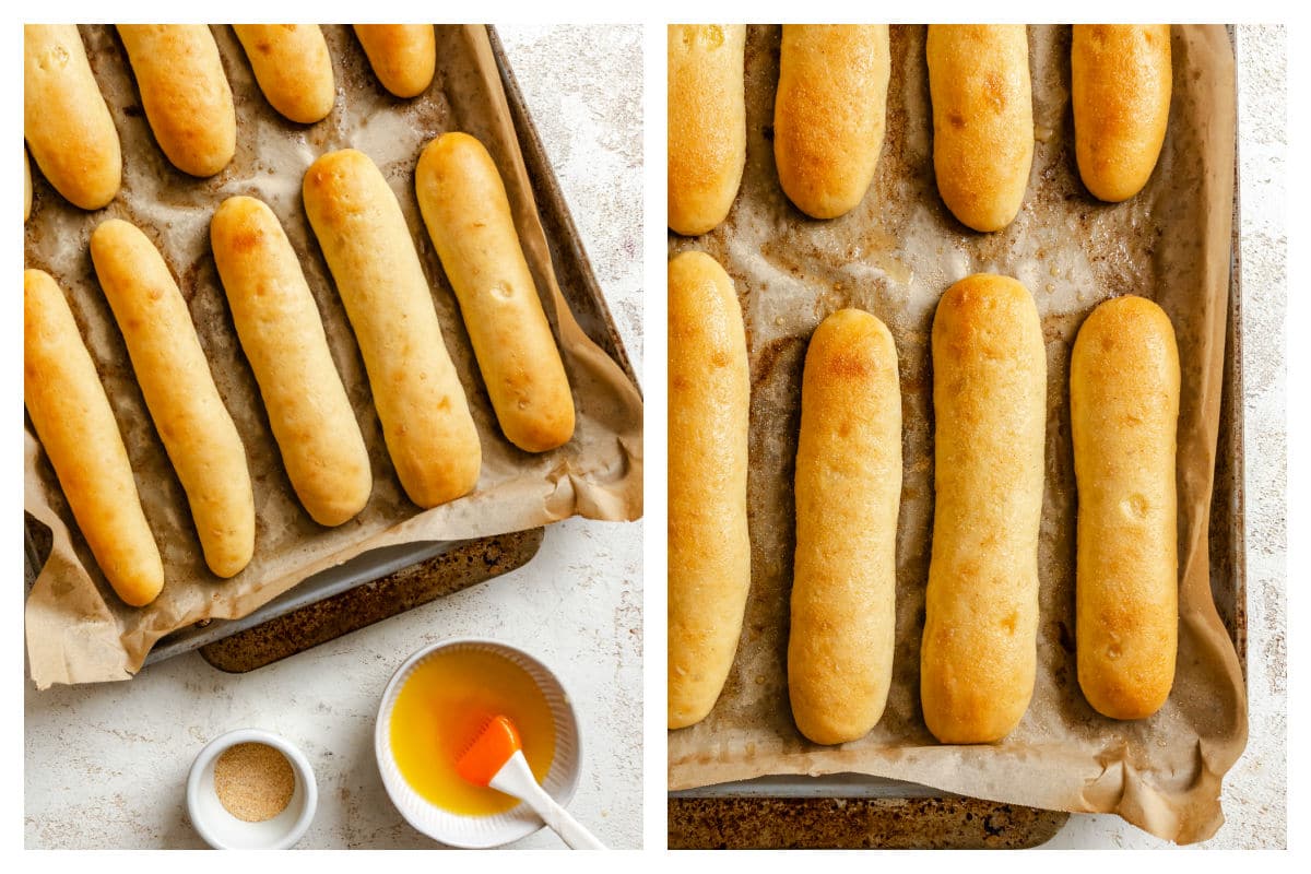 Baked breadsticks on a sheet pan next to breadsticks brushed with melted butter. 