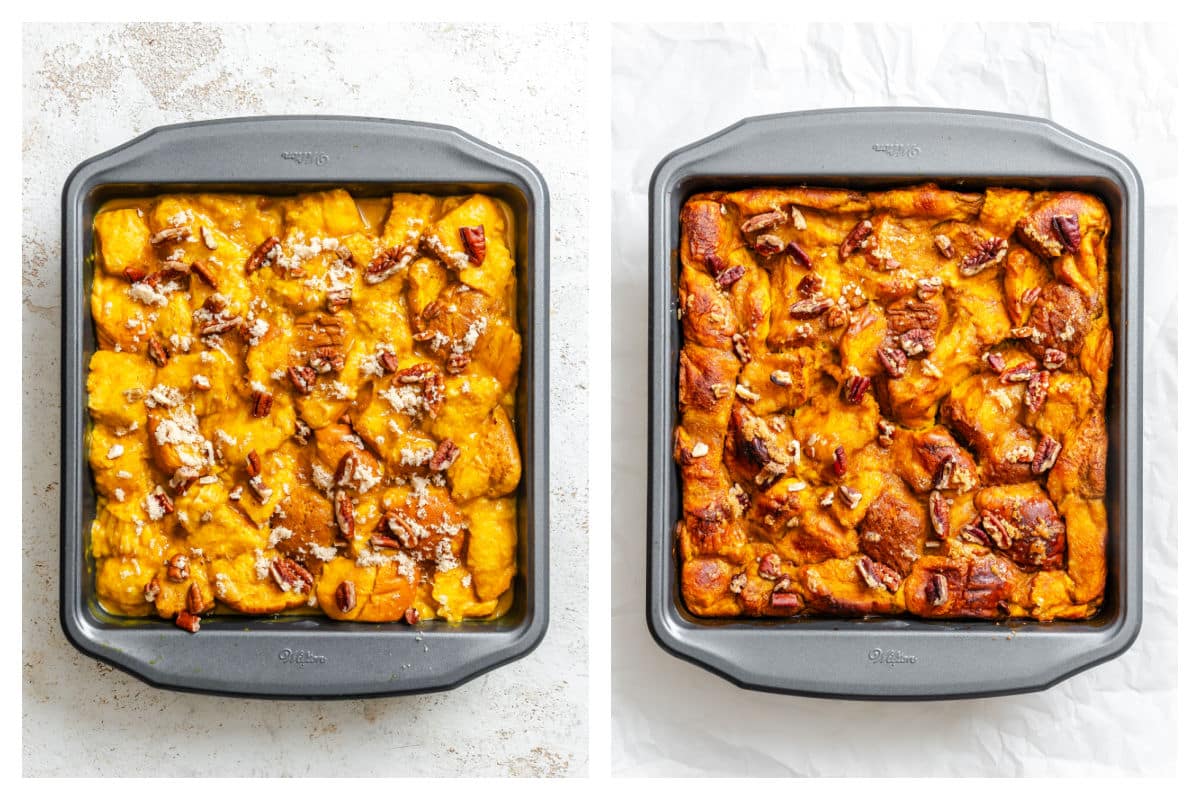 Unbaked pumpkin bread pudding topped with pecans in a baking dish next to baked pumpkin bread pudding in a baking pan.