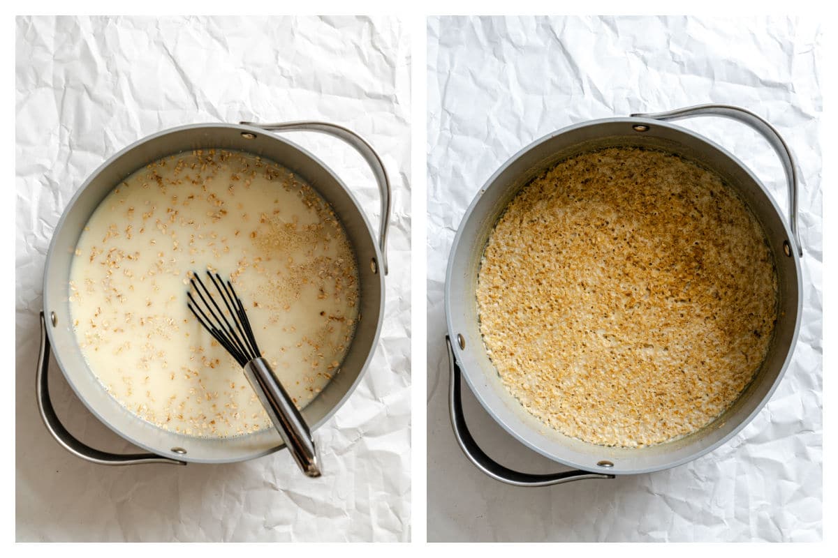 Milk brown sugar water oats and salt in a saucepan next to cooked oatmeal in a pot. 