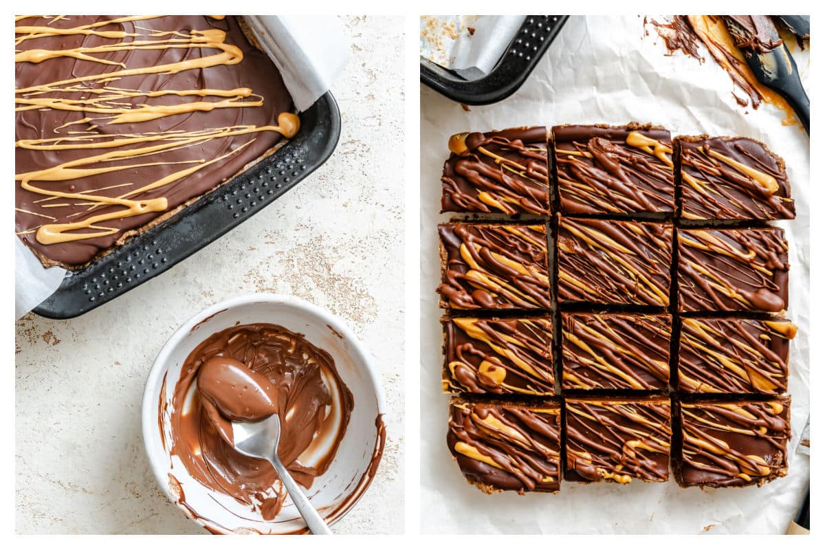 Peanut butter drizzled on cookie bars next to completed and cut cookies bars.