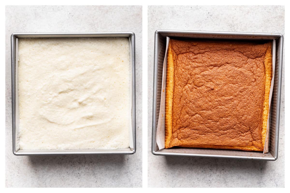 Magic cake batter in a pan next to a baked magic cake.