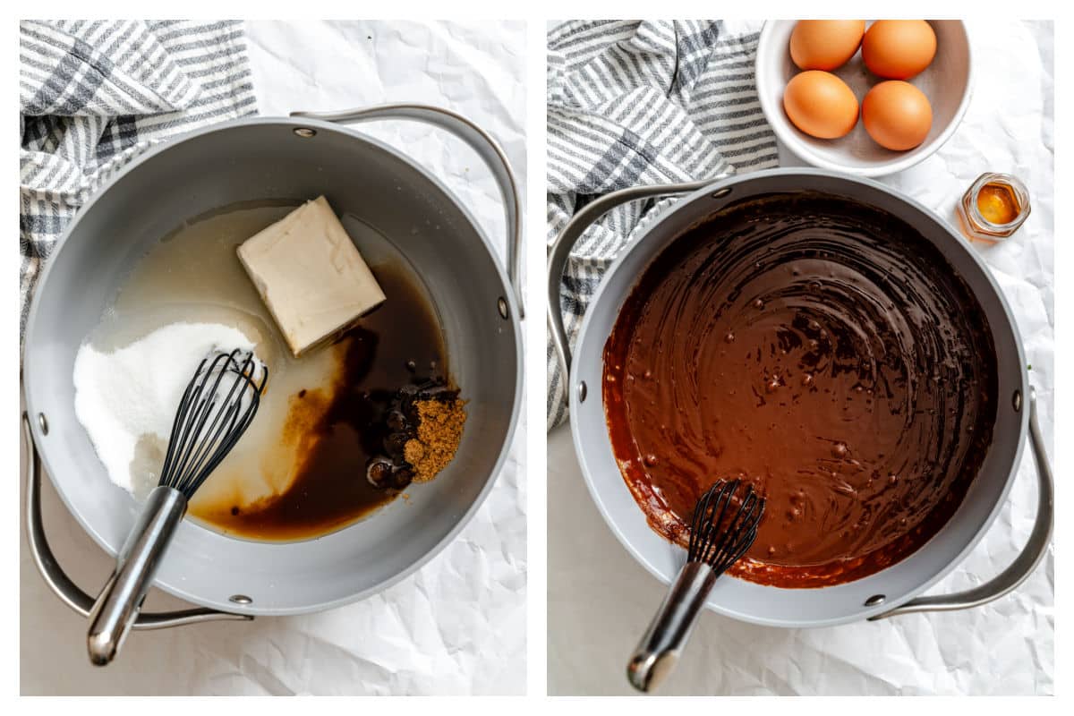 Beurre, sucre brun et eau dans une casserole à côté du mélange de chocolat et beurre fondu.