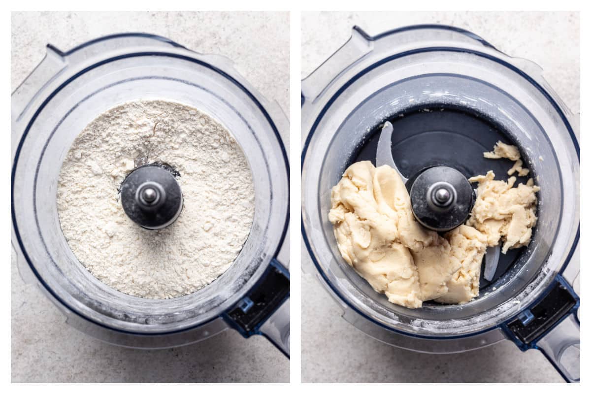 Flour and salt pulsed in a food processor next to butter pulsed into flour mixture.