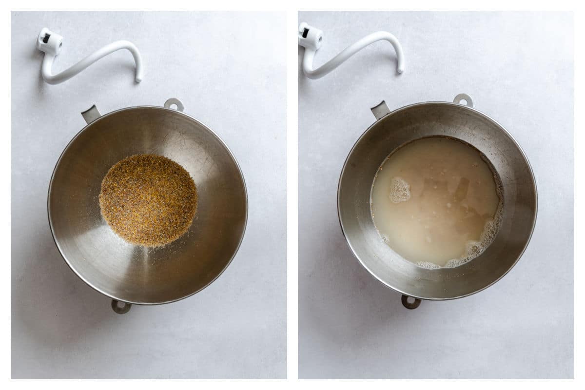Hot cereal mix and boiling water in a bowl next to yeast and honey added to mixture.
