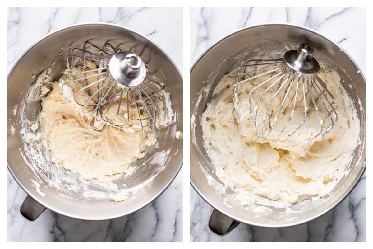 Cream cheese and sugar mixed in a bowl next to cream beaten into cream cheese mixture.