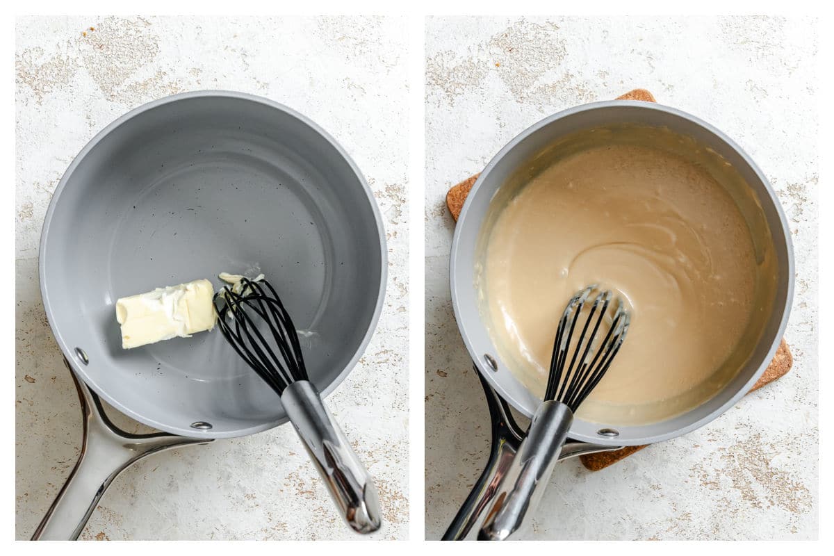 Butter melting in a pot next to sweet potato glaze in a pot. 