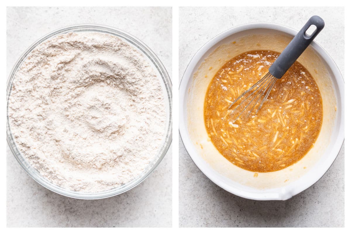 Dry ingredients in a bowl next to wet ingredients mixed in a bowl.