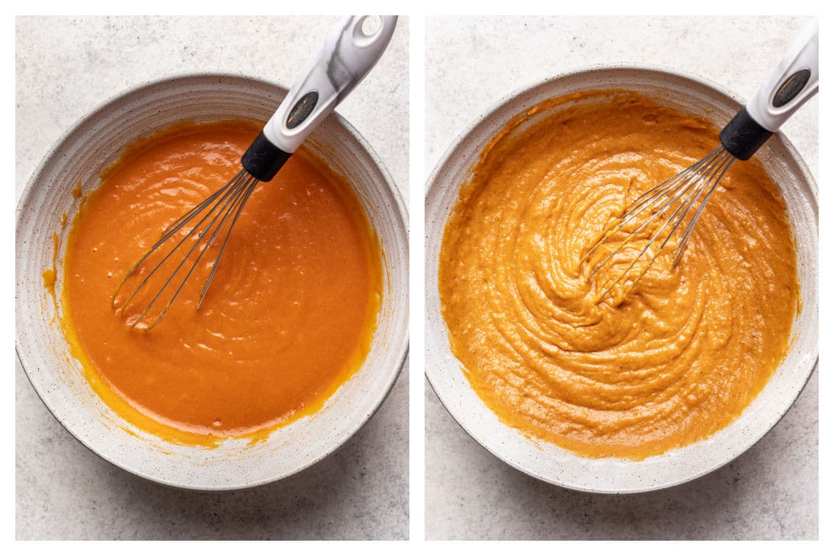 Wet pumpkin muffin ingredients whisked in a bowl next to dry ingredients whisked into the wet ingredients.