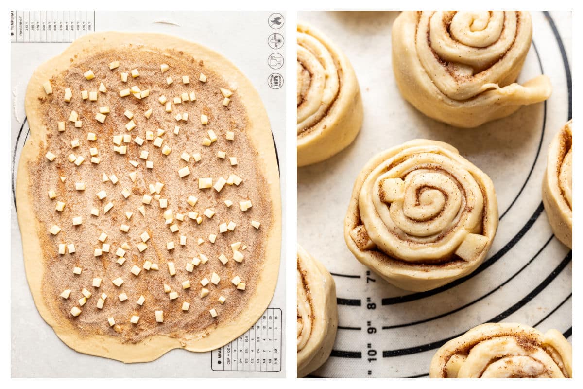 Dough rolled out and topped with butter cinnamon sugar and apples next to rolled up apple cinnamon rolls.