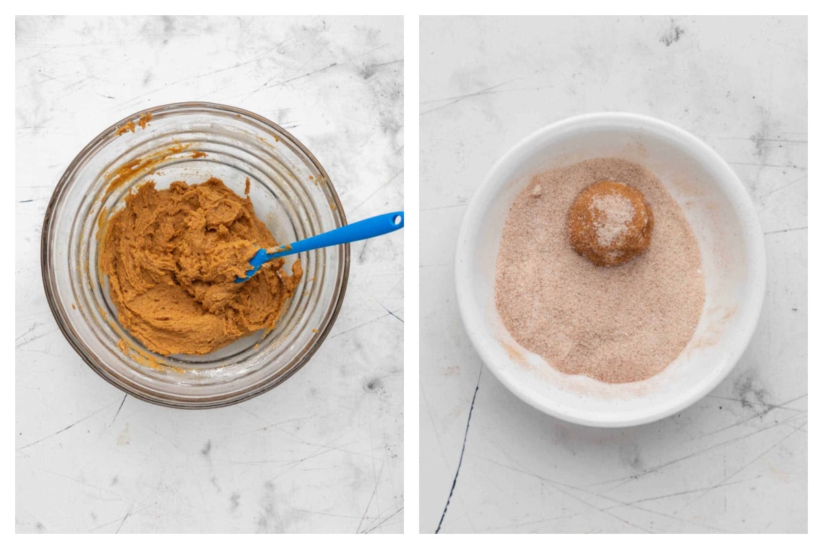Pumpkin snickerdoodle dough in a bowl next to a scoop of dough in cinnamon sugar. 