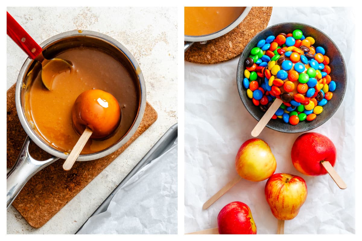 An apple swirling in caramel next to a caramel apple coated in M&Ms.