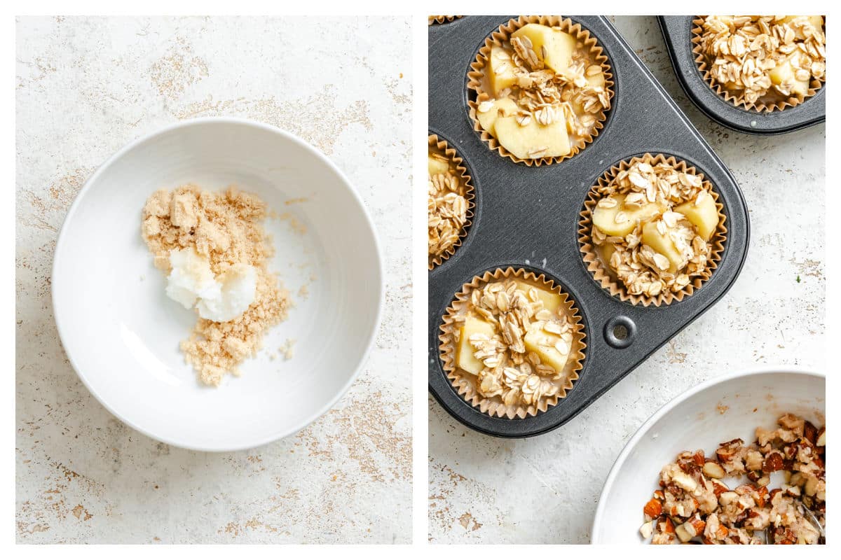 Coconut oil and sugar in a bowl next to unbaked apple crisp oatmeal in a muffin tin.