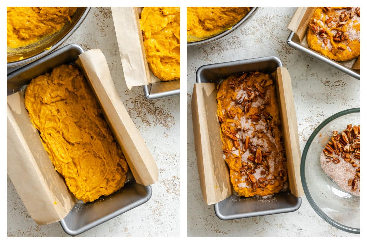 Pumpkin batter in loaf pans next to cinnamon sugar on pumpkin batter.