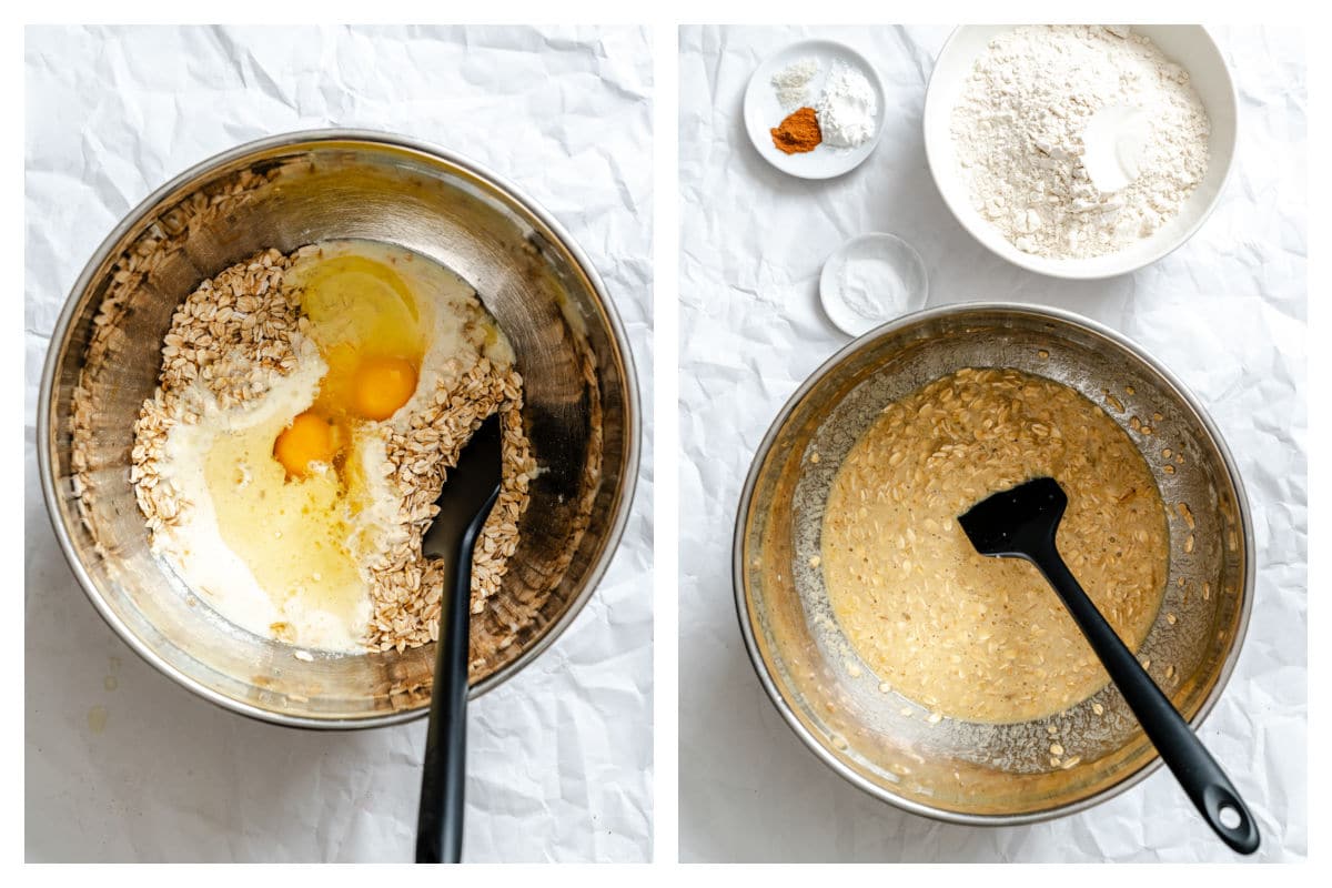 Wet ingredients mixed together in a mixing bowl. 