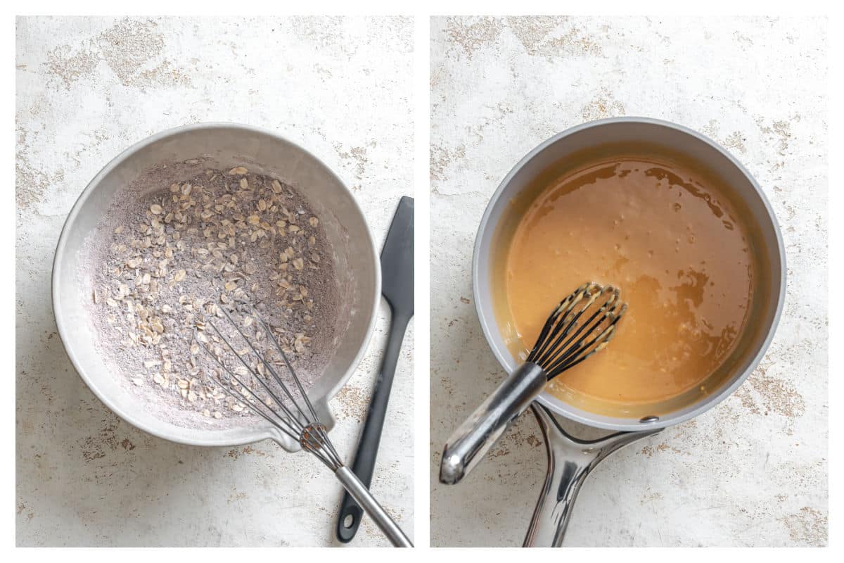 Oats, graham cracker crumbs and dry ingredients in a bowl next to butter and peanut butter mixture.