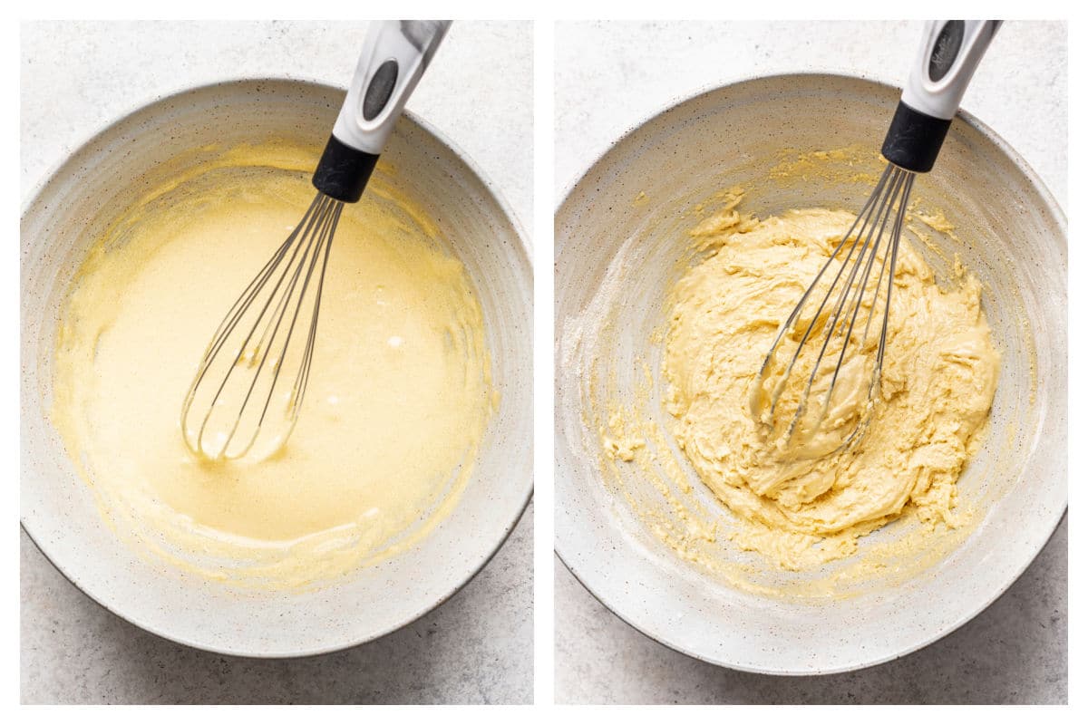 Egg yolks, sugar, and vanilla in a bowl next to flour mixed into egg yolk mixtures.