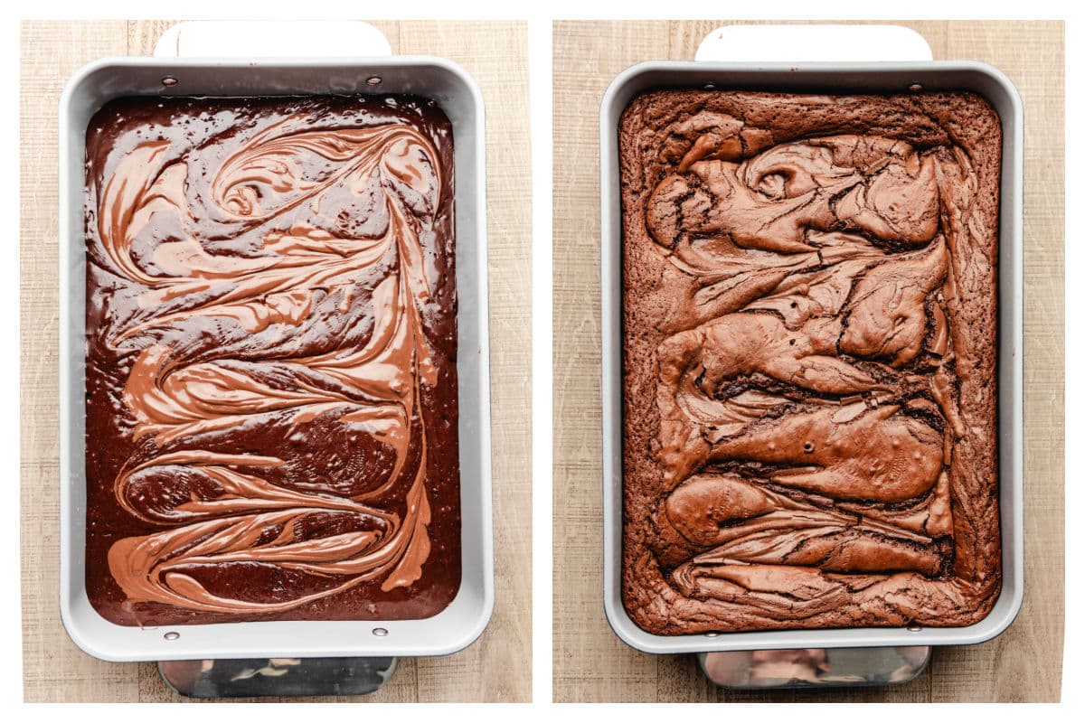 Nutella tourbillonné dans la pâte à brownie à côté des brownies au Nutella cuits.