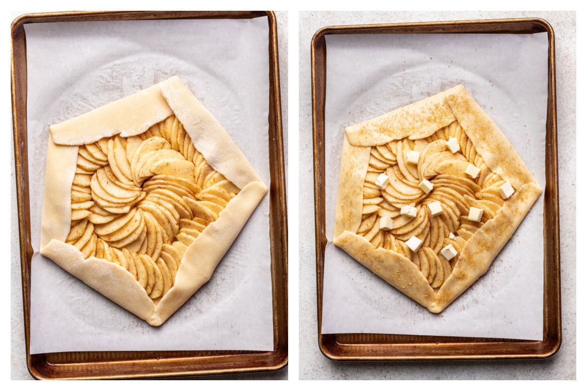 Dough folded up on raw sliced apples next to butter dotting the apple slices.