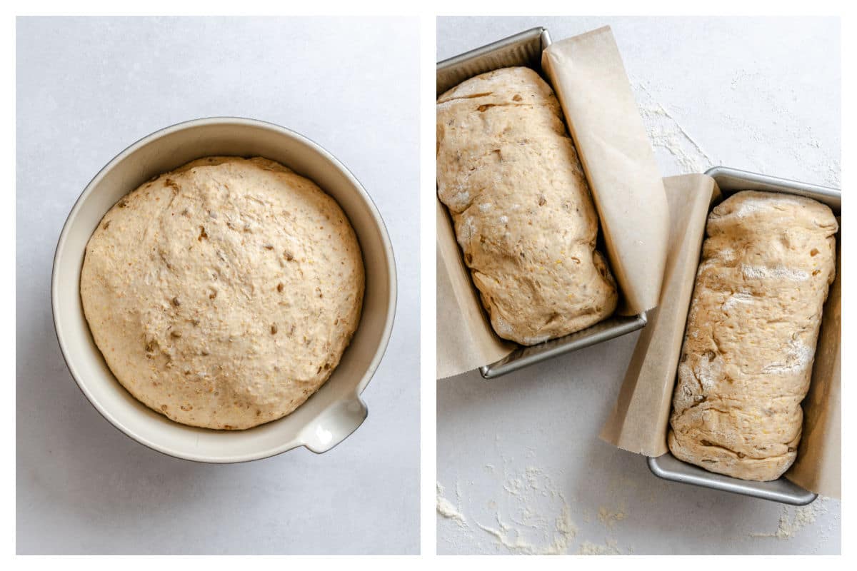 Risen bread dough in a bowl next to multigrain bread dough in two pans.