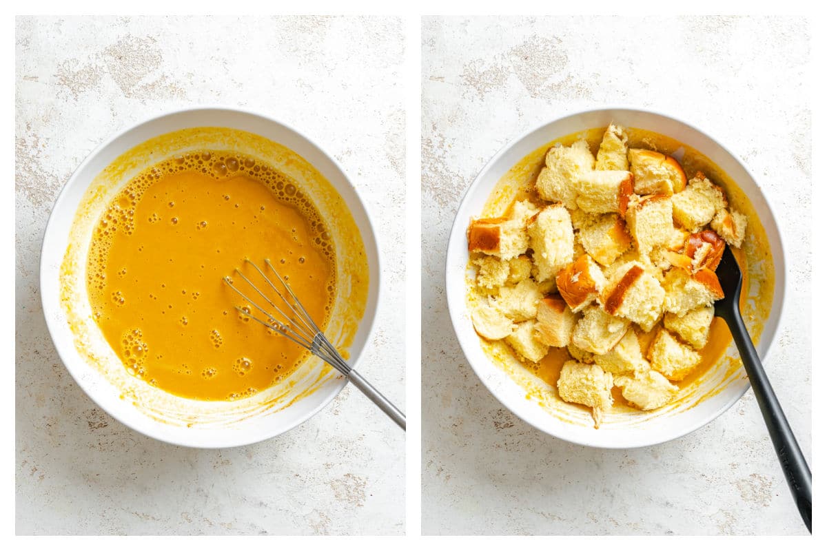 Pumpkin egg mixture in a mixing bowl next to pieces of bread in pumpkin egg mixture.