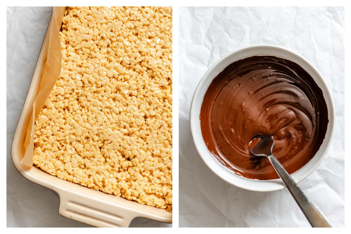 The peanut butter treats CRISPES rice The peanut butter rice Krisples in a skillet next to a bowl of melted chocolate.