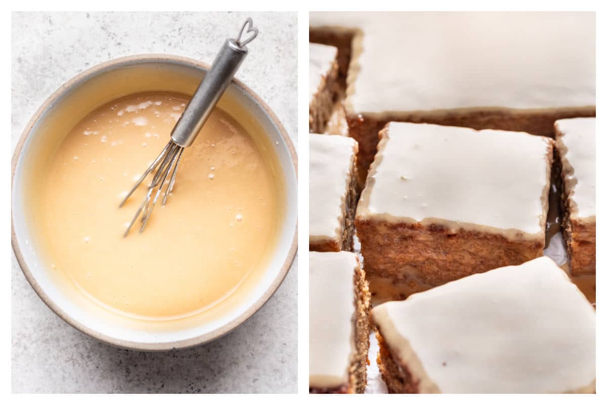 Caramel icing in a bowl next to iced caramel apple sheet cake cut into slices.