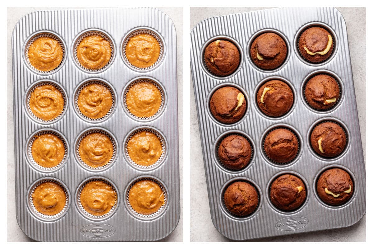 Pumpkin batter in a muffin tin next to baked pumpkin muffins in a muffin tin.