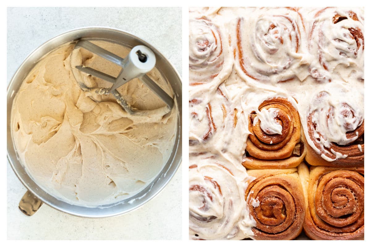 Cinnamon cream cheese frosting in a bowl next to partially frosted apple cinnamon rolls.