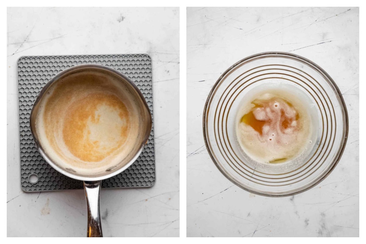 Brown butter in a pan next to brown butter in a bowl. 