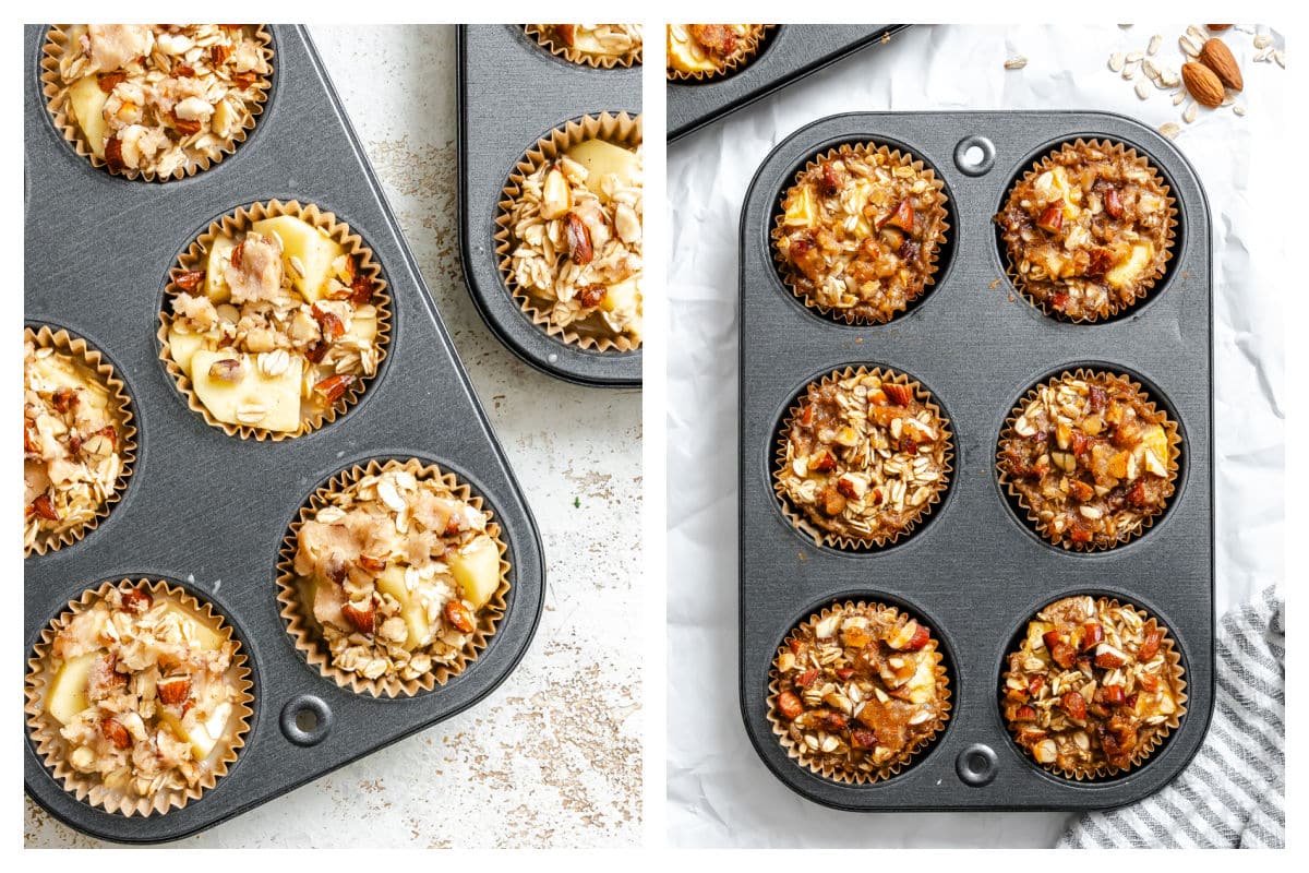 Topping on unbaked apple crisp oatmeal next to a pan of baked oatmeal.