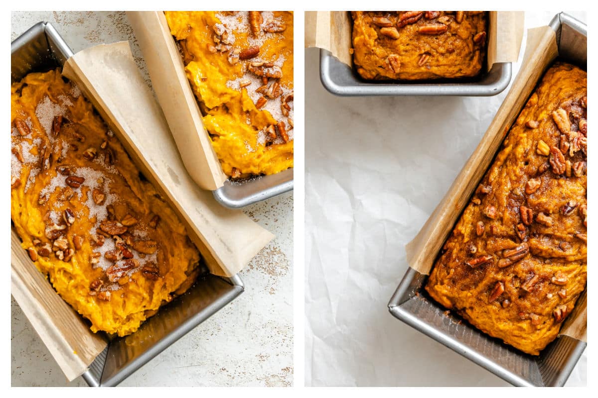 Cinnamon sugar pumpkin batter in loaf pans next to baked pumpkin bread.