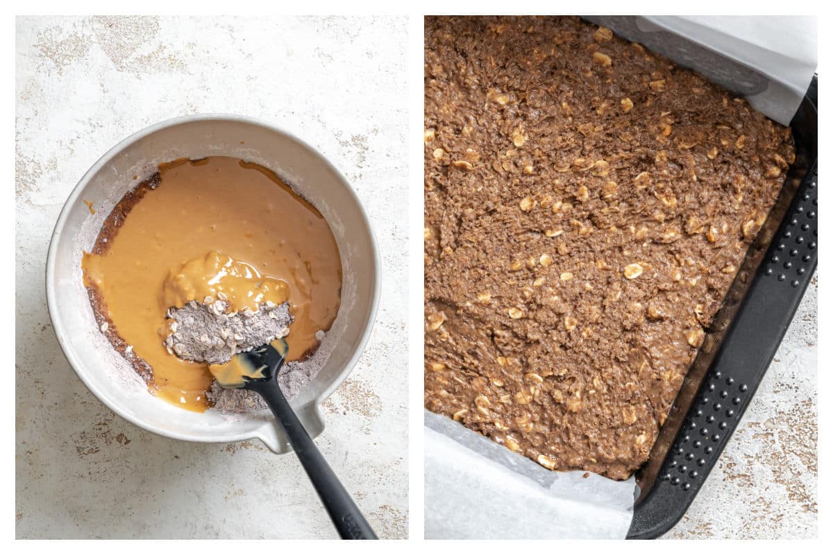 Peanut butter and graham cracker mixtures in a bowl next to combined peanut butter cookie mixture in a pan.