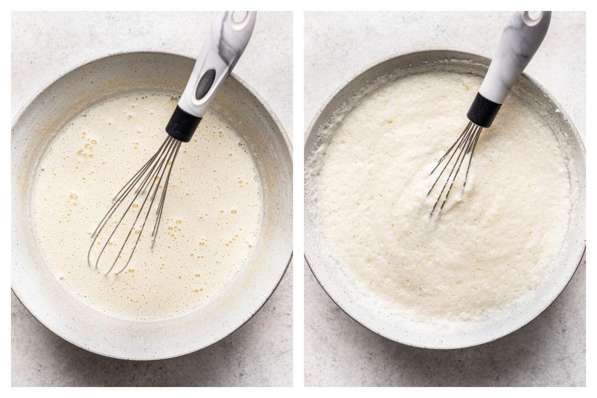 Milk stirred into egg yolk mixture next to egg whites folded into egg yolk mixture.