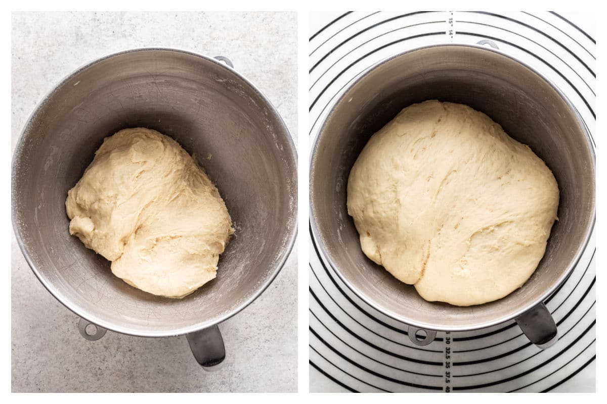 Cinnamon roll dough in a bowl next to risen dough in a bowl.