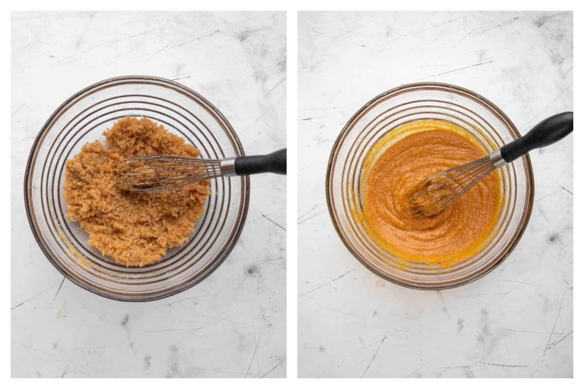 Brown butter and sugars mixed together next to egg yolks and vanilla mixed in.