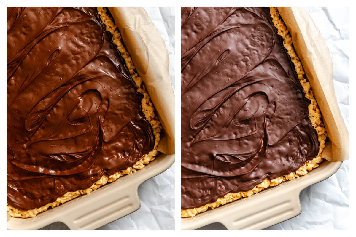 The peanut butter treats CRISPES rice Chocolate spread over a frying pan of peanut butter rice Krisples.
