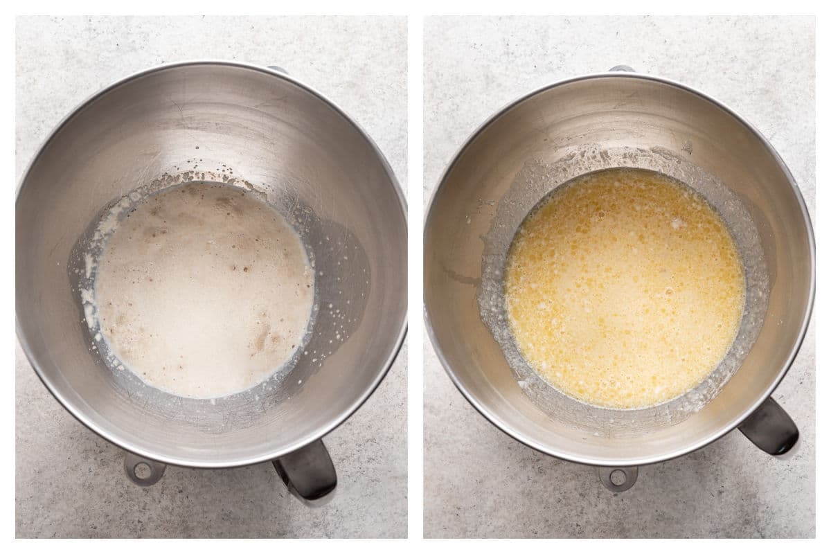 Yeast in warm water next to butter and eggs stirred into yeast mixture.
