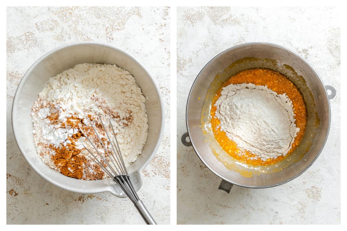 Dry ingredients in a bowl next to dry ingredients on top of sweet potato mixture in a mixing bowl. 