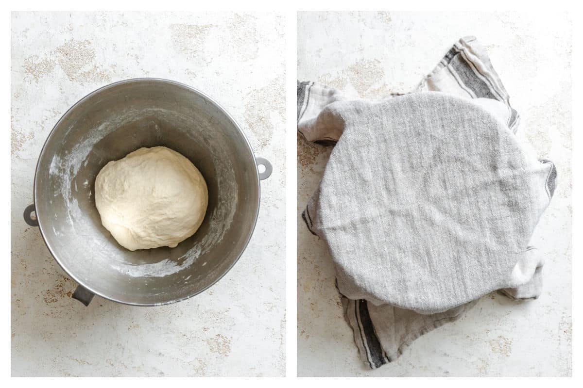 Breadstick dough in a mixing bowl next to a covered mixing bowl. 