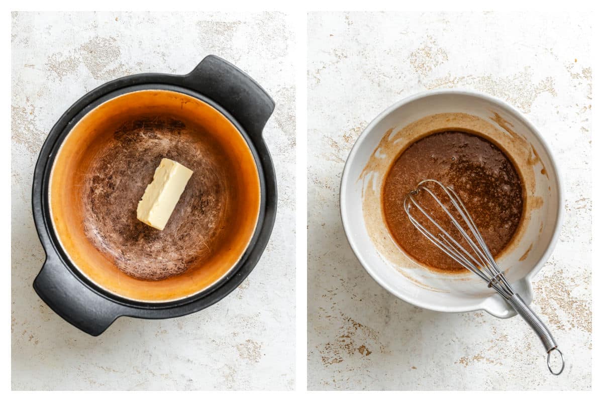 Butter in a pot next to brown sugar mixture in melted butter.